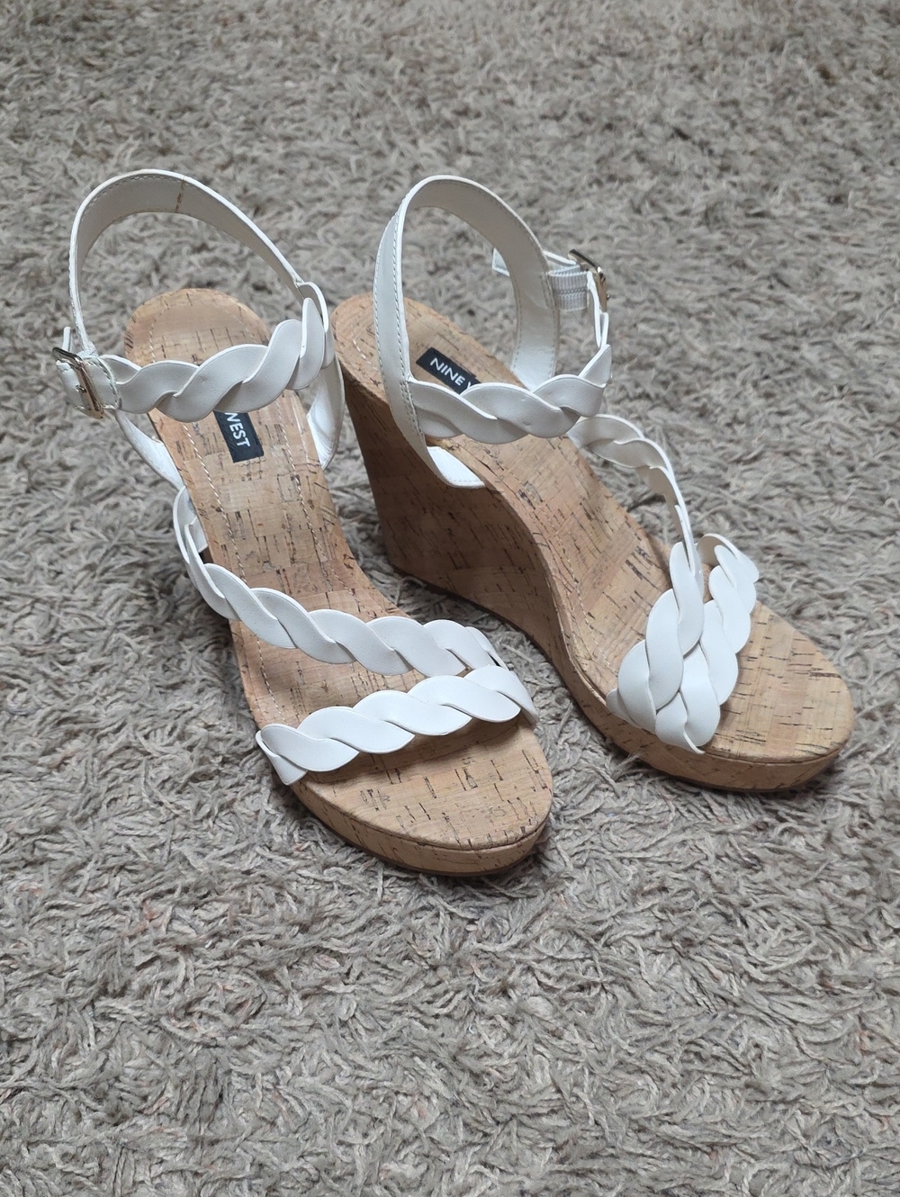 Nine West White Braided Cork Wedge Sandals